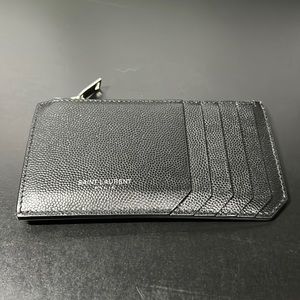 SAINT LAURENT PARIS FRAGMENTS ZIPPED CARD CASE IN GRAIN DE POUDRE LEATHER